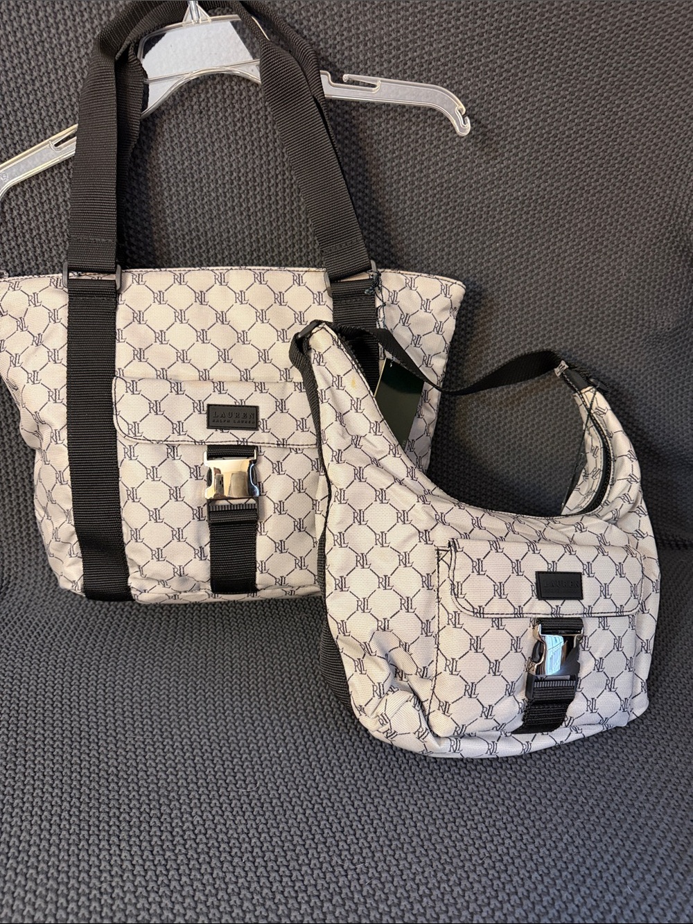 Lauren Ralph Lauren Tan Monogram Tote & hobo bags, and black straps